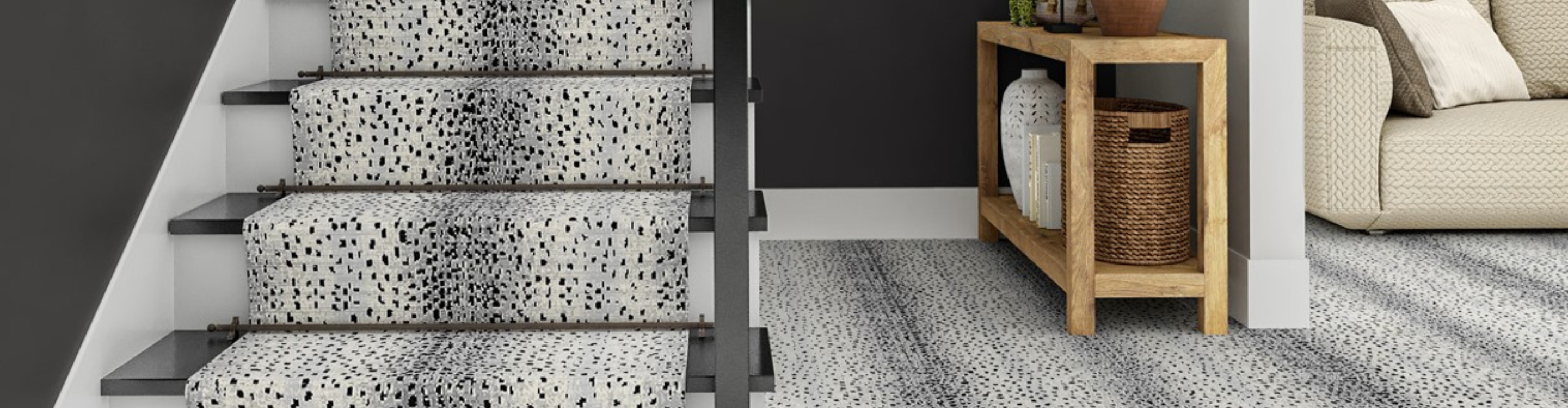 black and white animal printed stair runner and matching carpet